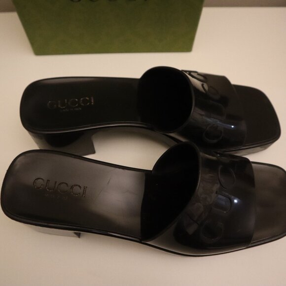 Gucci Black Rubber Heeled Slides Size 8 38IT with Gucci Box - Picture 4 of 6